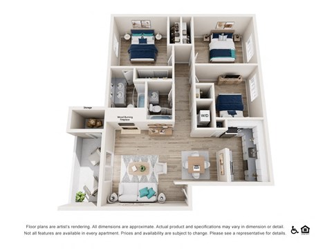 Floor plan for 3 beds, 2 baths, 1221 sqft